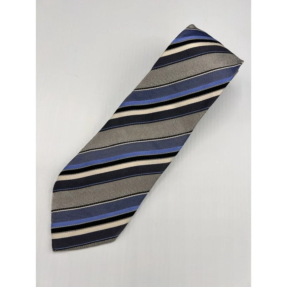 Banana Republic 100% Silk Men’s Tie Navy Blue Gray Black Ivory Striped 55.5”